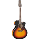 Takamine GJ72CE-12 BSB 12-String Jumbo with cutaway, solid spruce top, flame maple back and sides, gold hardware, brown sunburst finish and TK-40D electronics